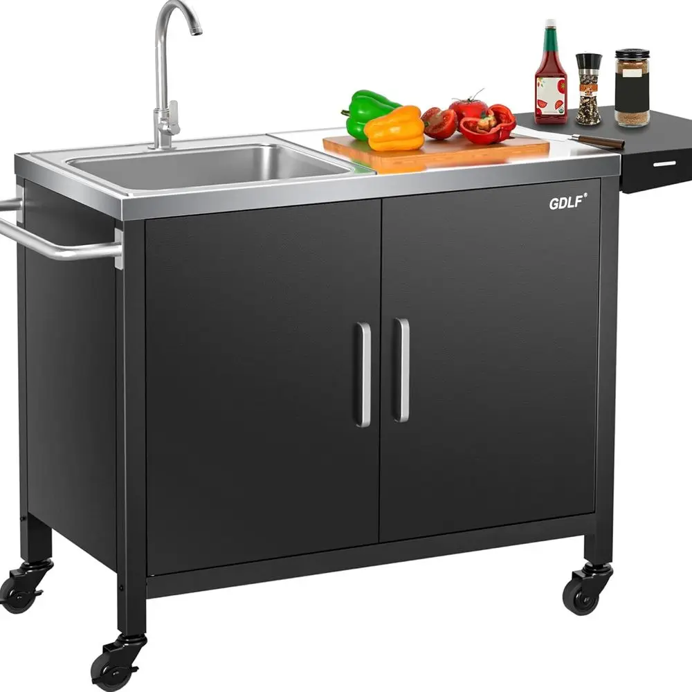 Outdoor Camping Kitchen With Sink - Buitenkeuken eiland met roestvrijstalen spoelbak, metalen