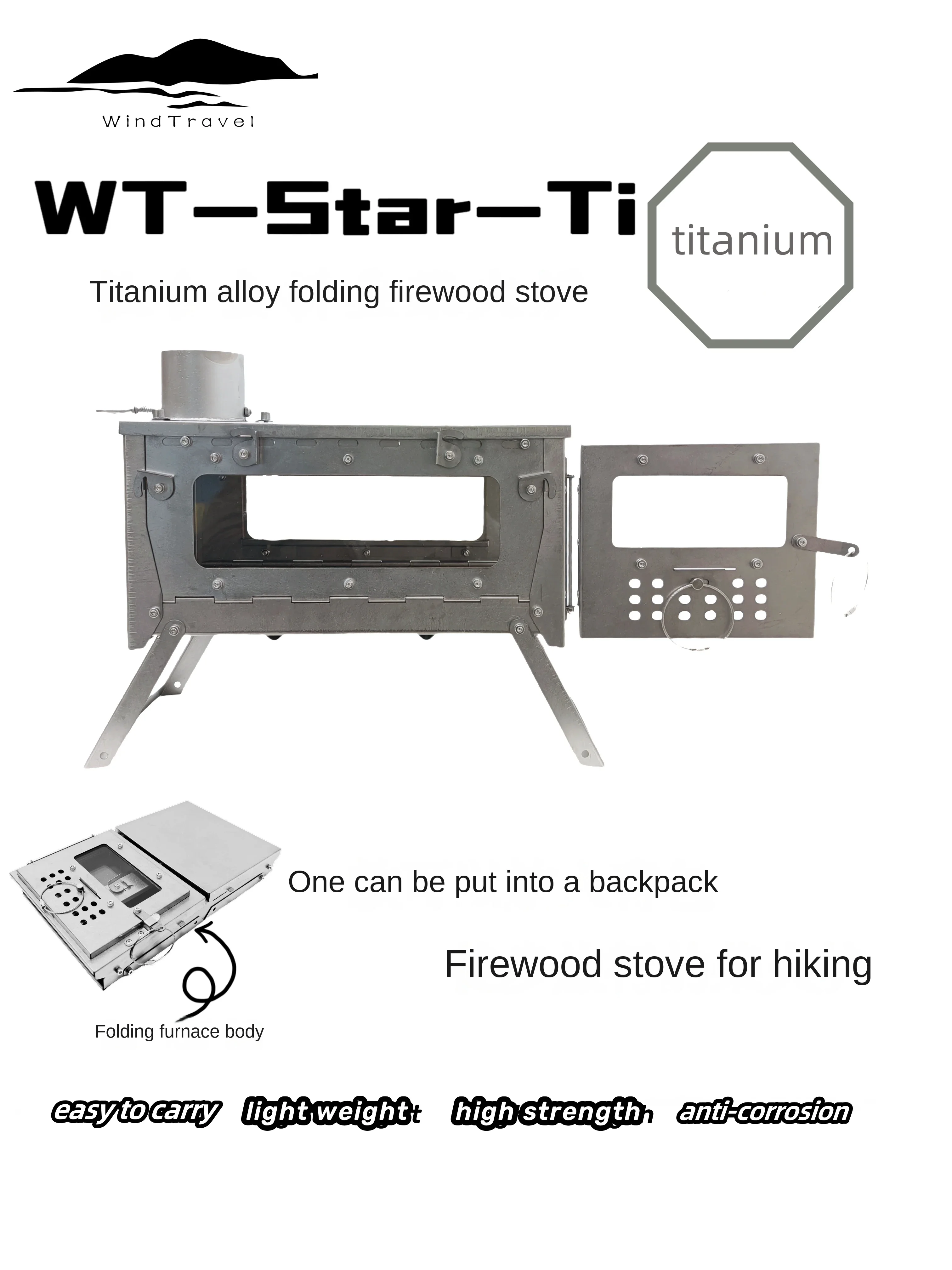 Outdoor Camping Stove Wood - WT Star Ti Titaniumlegering Opvouwbare brandhoutkachel