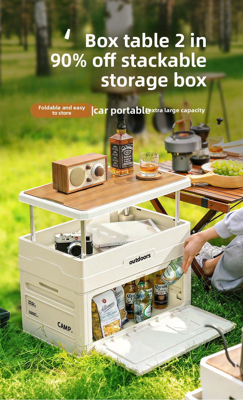 Outdoor Camping Table And Chairs - Camping Opvouwbare Opbergbox met Houten Deksel,